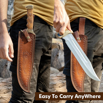 Handmade D2 Steel 18 Inches Large Bowie Knife, Full Tang Fixed Blade With Rosewood Handle and Brass Guard Hunting Knife with Leather Sheath Ideal for Camping, Hiking, Survival