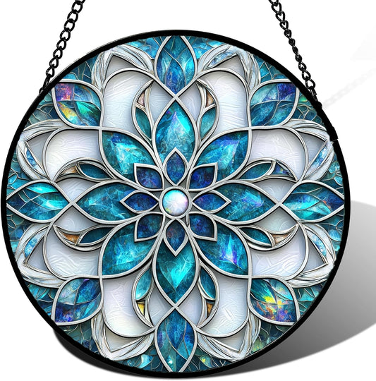 Stained Glass Window Hanging - Blue White Abstract Flowers Suncatcher for Door Terrace Garden Home