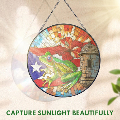 FLAGWIX Christmas Puerto Rico Gifts - Stained Glass Window Hanging 8 in - Puerto Rican Gifts for Women Men, Coqui Sun Catchers Indoor, House Warming Gift for Mom Dad Friend, Christmas Decorations