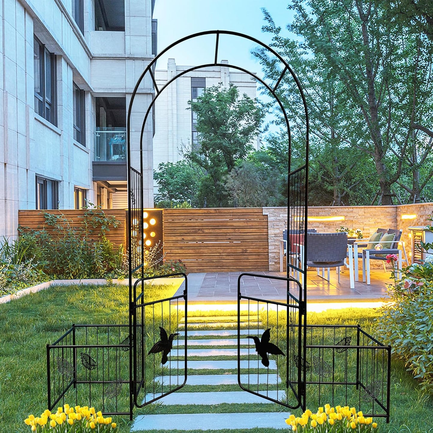 Metal Garden Arbor Arch with Gate and Plant Box, 86.6" H Garden Trellis Wedding Arch Party Decoration for Outdoor Lawn Climbing Plants Support Roses Vines (Bird)