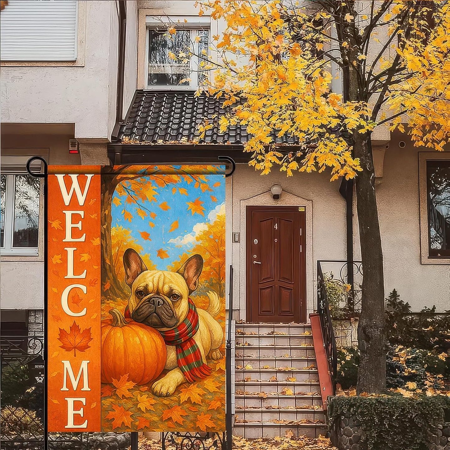 Thanksgiving Fall Garden Flag 12x18 Inch Welcome French Bulldog Dog Outdoor Flag Double Sided Autumn Yard Banner with Pumpkin Plaid Scarf Decor for Porch Lawn Patio