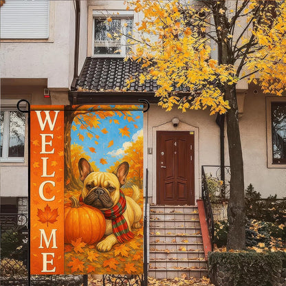 Thanksgiving Fall Garden Flag 12x18 Inch Welcome French Bulldog Dog Outdoor Flag Double Sided Autumn Yard Banner with Pumpkin Plaid Scarf Decor for Porch Lawn Patio