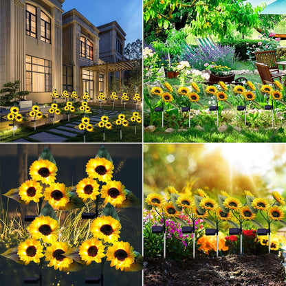 ANGMLN Solar Sunflower Outdoor Garden Lights, 4 Pack with 12 Sunflower Waterproof Garden Decor, Gifts for Mom Grandma, Waterproof Decorative Lights for Pathways Patios and Yards Decorations