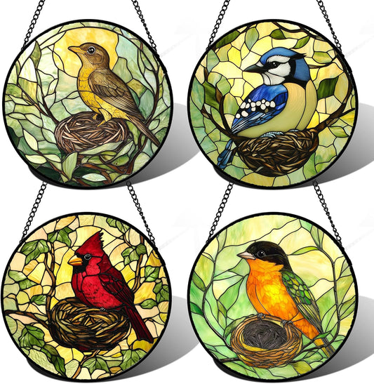 Stained Glass Window Hanging 4 Pcs Set Bird Theme On Branch 6.3" - Cardinal Suncatcher Door Garden