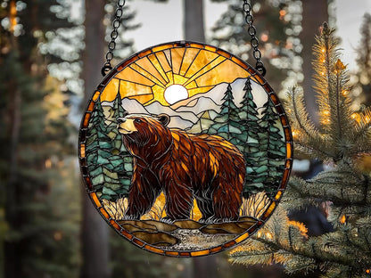 Bear Forest Scene Acrylic Suncatcher Window Hanging Cabin Decor Rustic Home Decoration Gift for Nature Lovers