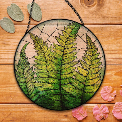 Fern Plant Suncatcher Stained Glass Window Hanging, Plant Lovers Gifts Sun Catchers Indoor Window Glass Round Wall Decor, Fern Plant Botanical Wall Art Hanging Decorations, ＂7.8x7.8＂