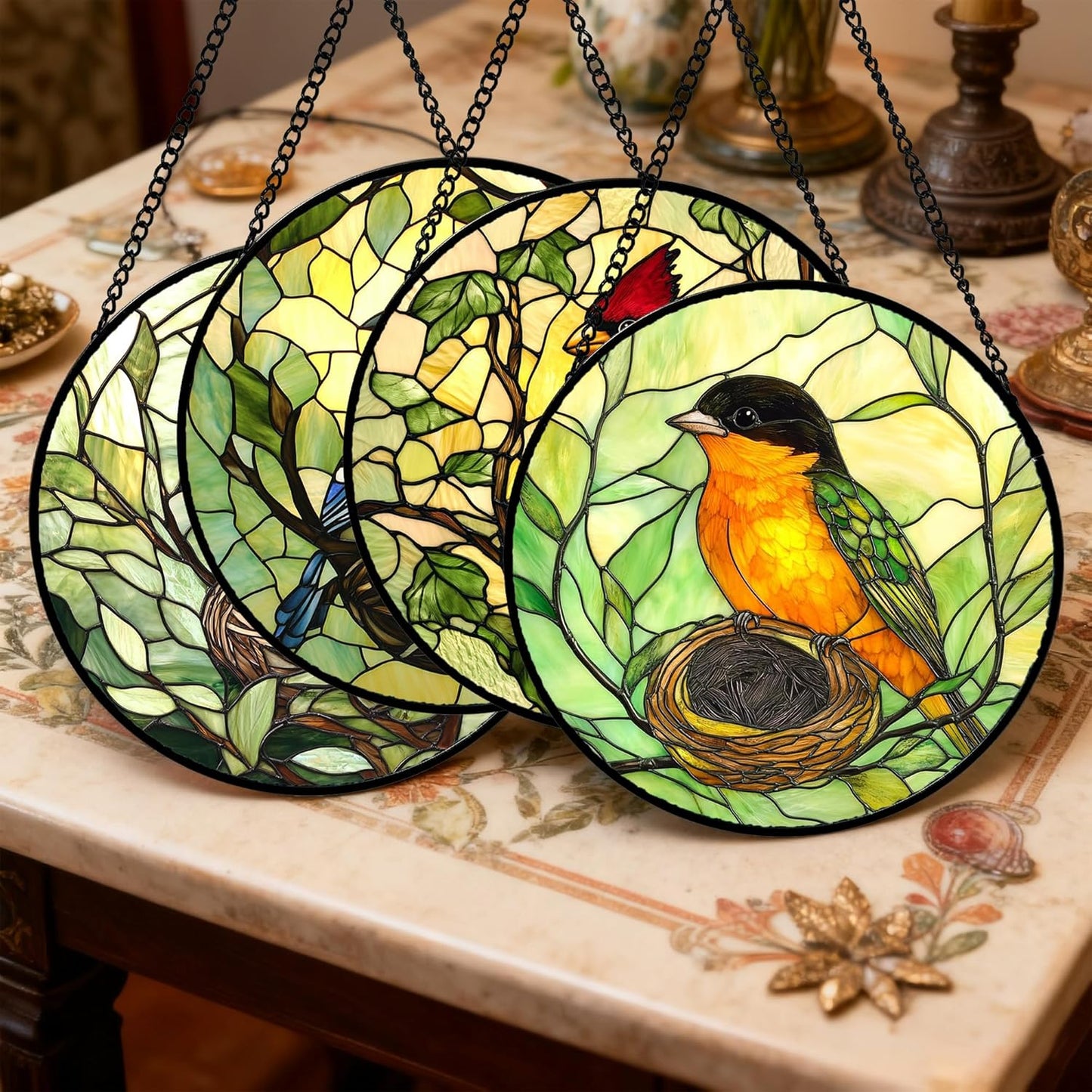 Stained Glass Window Hanging 4 Pcs Set Bird Theme On Branch 9.8" - Cardinal Suncatcher Door Garden Sun Catcher Decor Birthday Christmas for Mom Woman Nana Men