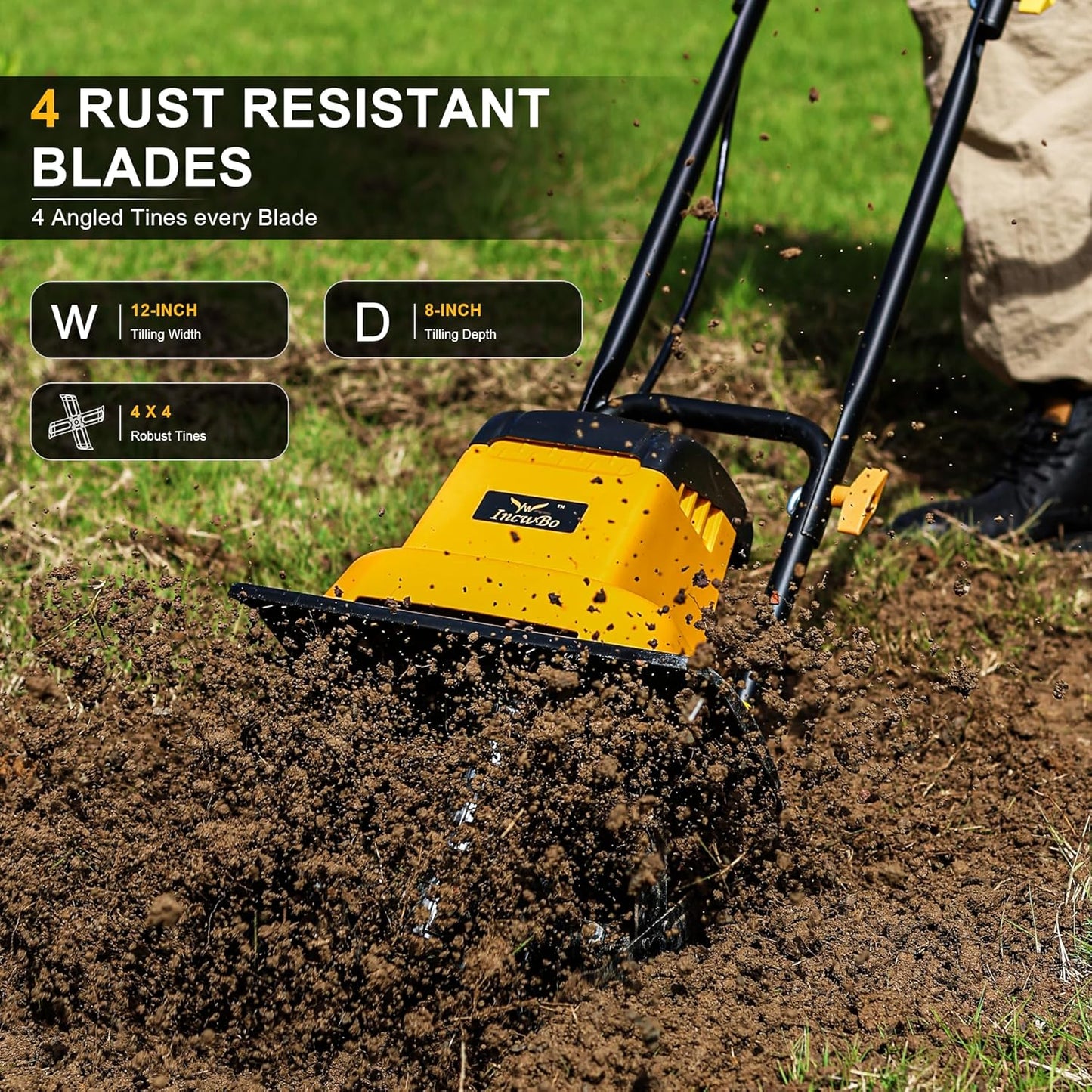 8.5AMP 12Inch Corded Tiller Cultivator 8-inch Depth Rototillers for Gardening, 360RPM Electric Garden Tiller with LT-201D Socket