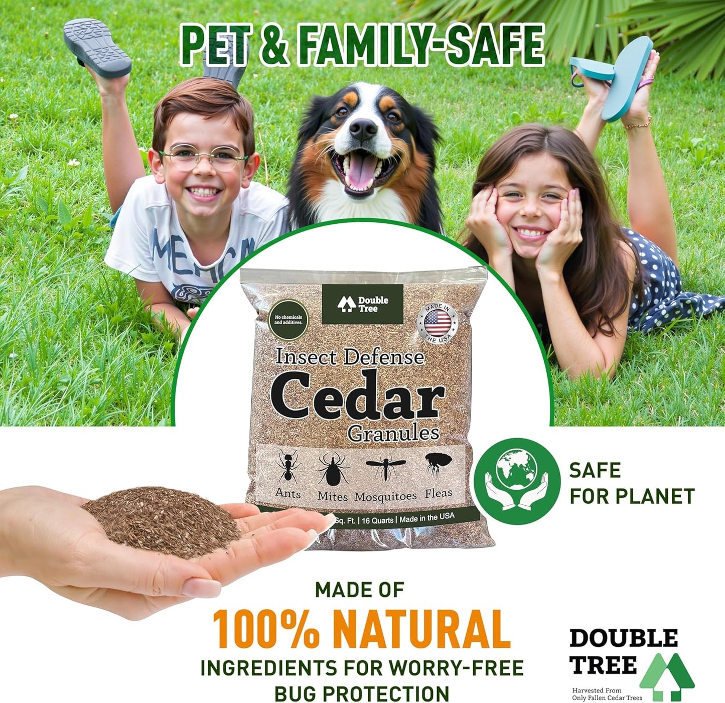 Double Tree Home and Garden Cedar Granules | Repels Fleas, Ticks, Ants, and Mosquitos | Rich Cedar Scent | Non Toxic | Pet Safe | 3 Bags (48 Quarts)