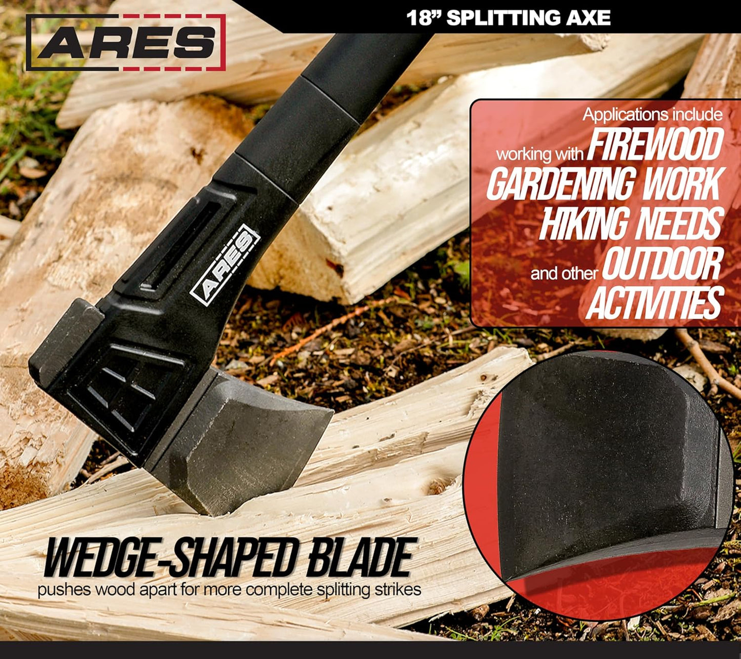 ARES 45006 – 18-Inch Splitting Axe – Lightweight Fiberglass Handle Construction – High-Carbon Steel Blade Head – Gardening, Hiking, and Outdoor/Adventure Applications