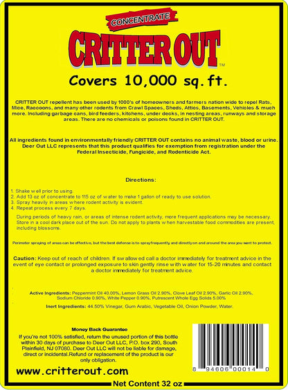 Mouse & Rat Repellent: Peppermint Oil Rodent Repellent, Get Rid of Rats, Mice & Rodents in Your Home & Outside, Protect Engine Wiring, Prevent Nesting, Stops Chewing. Critter Out 32oz Concentrate