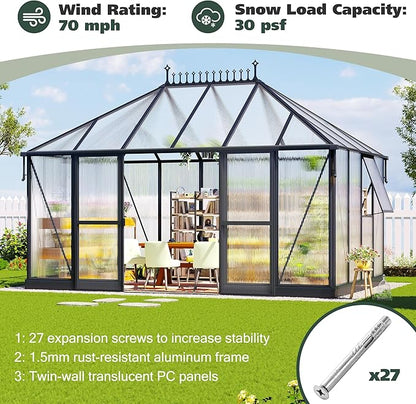 14x9.7x10 FT Polycarbonate Greenhouses for Outdoors, Large Winter Greenhouse Sunroom with 2 Adjustable Windows &Sliding Door, Walk-in Design with Aluminum Frame for Patio, Garden