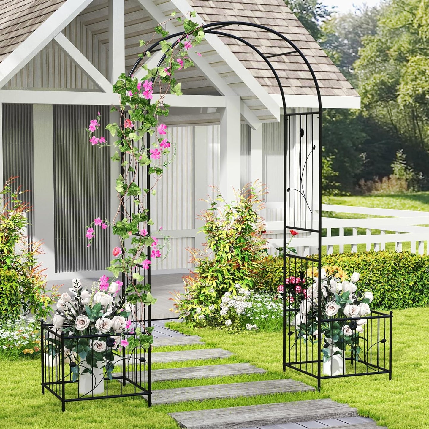 Giantex Garden Arch Trellis with Planters, 86'' Metal Arbor Pergola for Climbing Plants Rose, Heavy-Duty Outdoor Archway for Wedding Party Ceremony Pathway Garden Yard Lawn Decoration