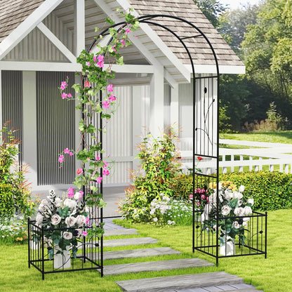 Giantex Garden Arch Trellis with Planters, 86'' Metal Arbor Pergola for Climbing Plants Rose, Heavy-Duty Outdoor Archway for Wedding Party Ceremony Pathway Garden Yard Lawn Decoration