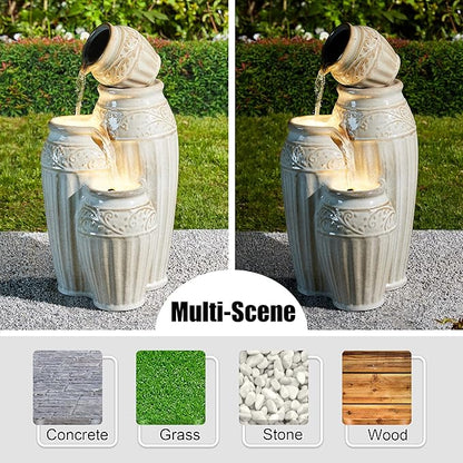Glitzhome 27.25" H Outdoor Garden Water Fountain with LED Lights and Pump, 4 Tier Sand Beige Embossed Pattern Ceramic Pots Cascading Floor Standing Fountain for Porch Deck Patio Backyard Decoration