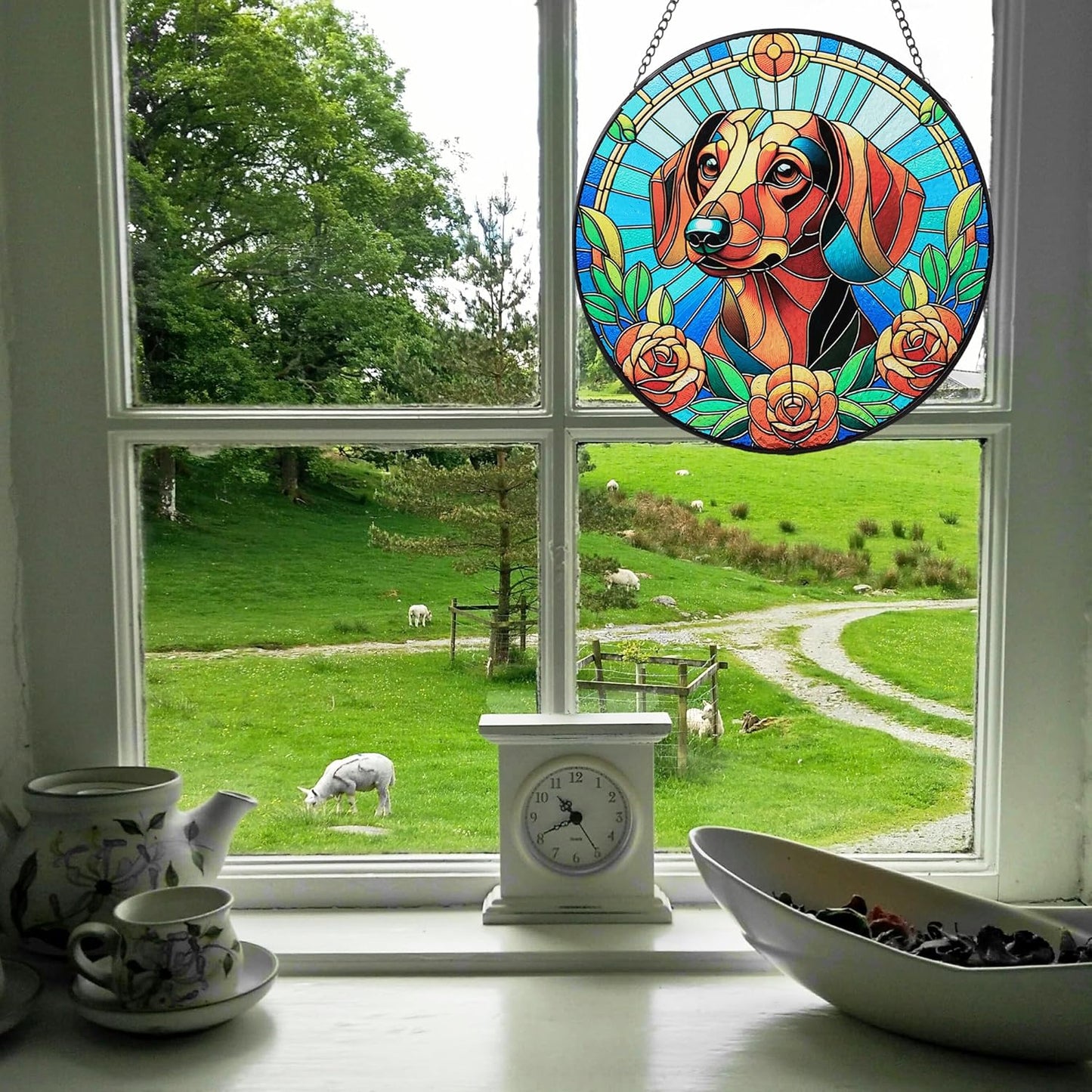Stained Glass Dog Memorial Suncatcher,Dachshund Window Hanging,Sympathy Gifts for Pet Loss,7.9 inch/20 cm Home and Garden Decor for Dog Lovers (Dachshund)