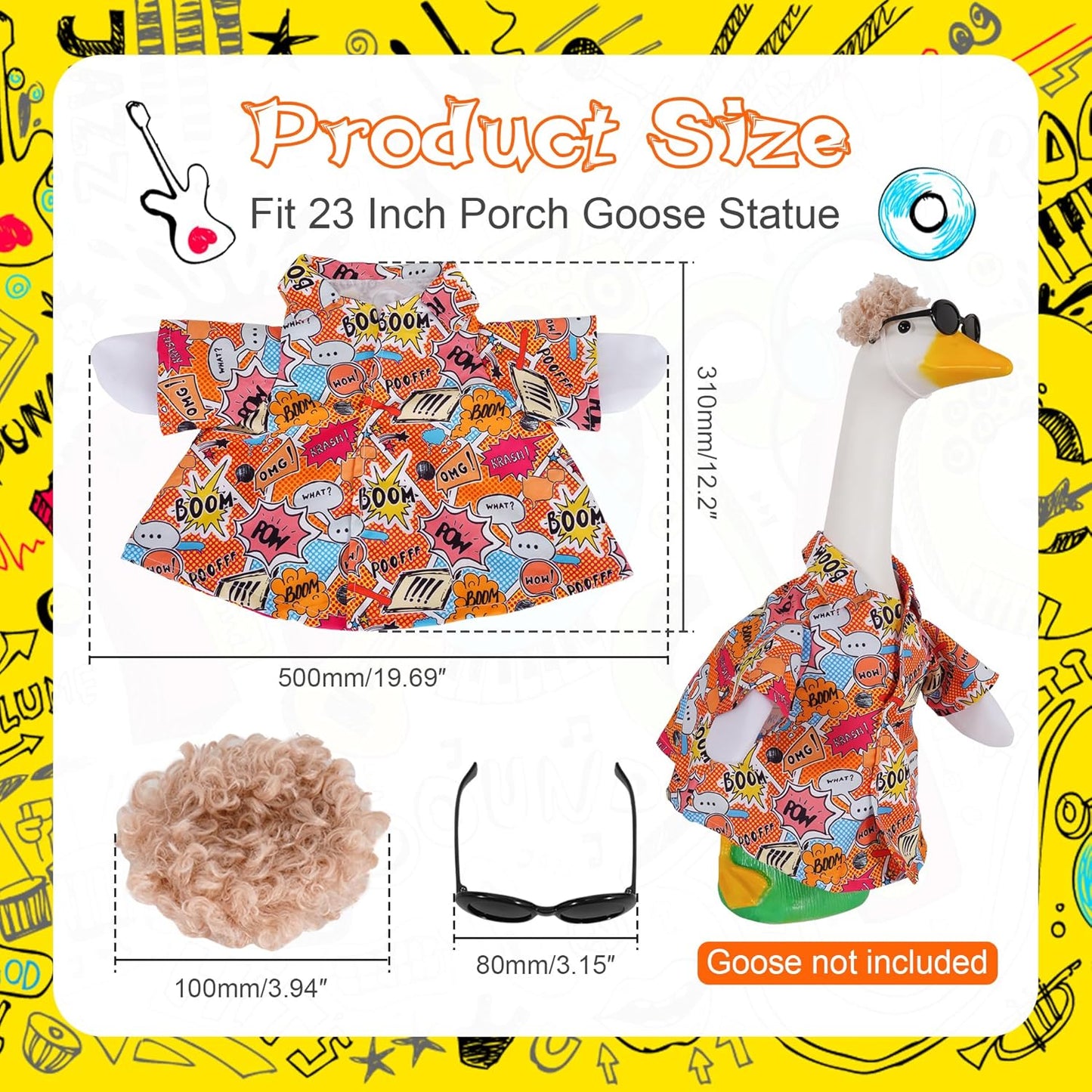 JIAYAN Porch Goose Outfits Outdoor Decoration: 3Pcs Funny Hip Pop Costume with Wigs Sunglasses Set 23"/ 17" Lawn Goose Statue Clothes for Theme Party Garden Patio Yard