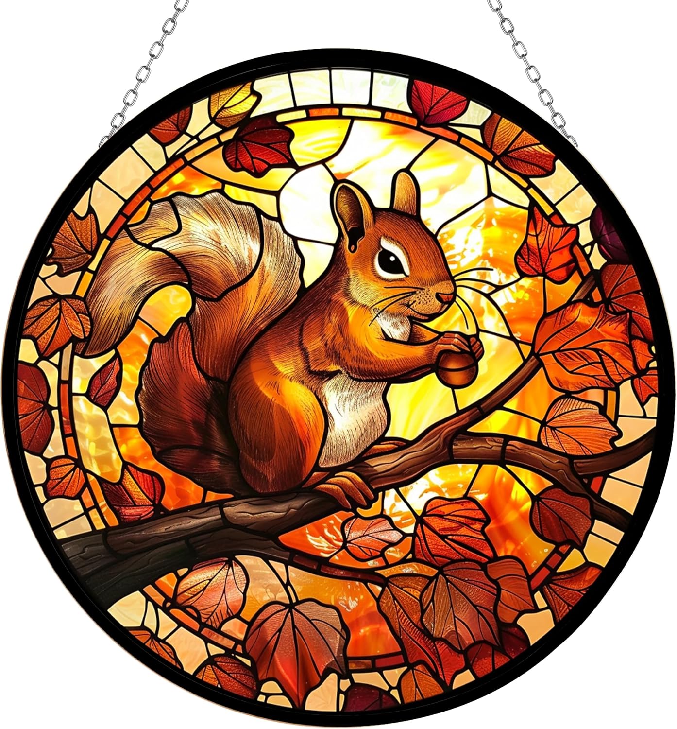 Squirrel Stained Glass Window Hanging 12” Round Handicraft Blue Flower Glass Panel Farmhouse Style Window Suncatcher Perfect Housewarming Gift (with Chain Hook)