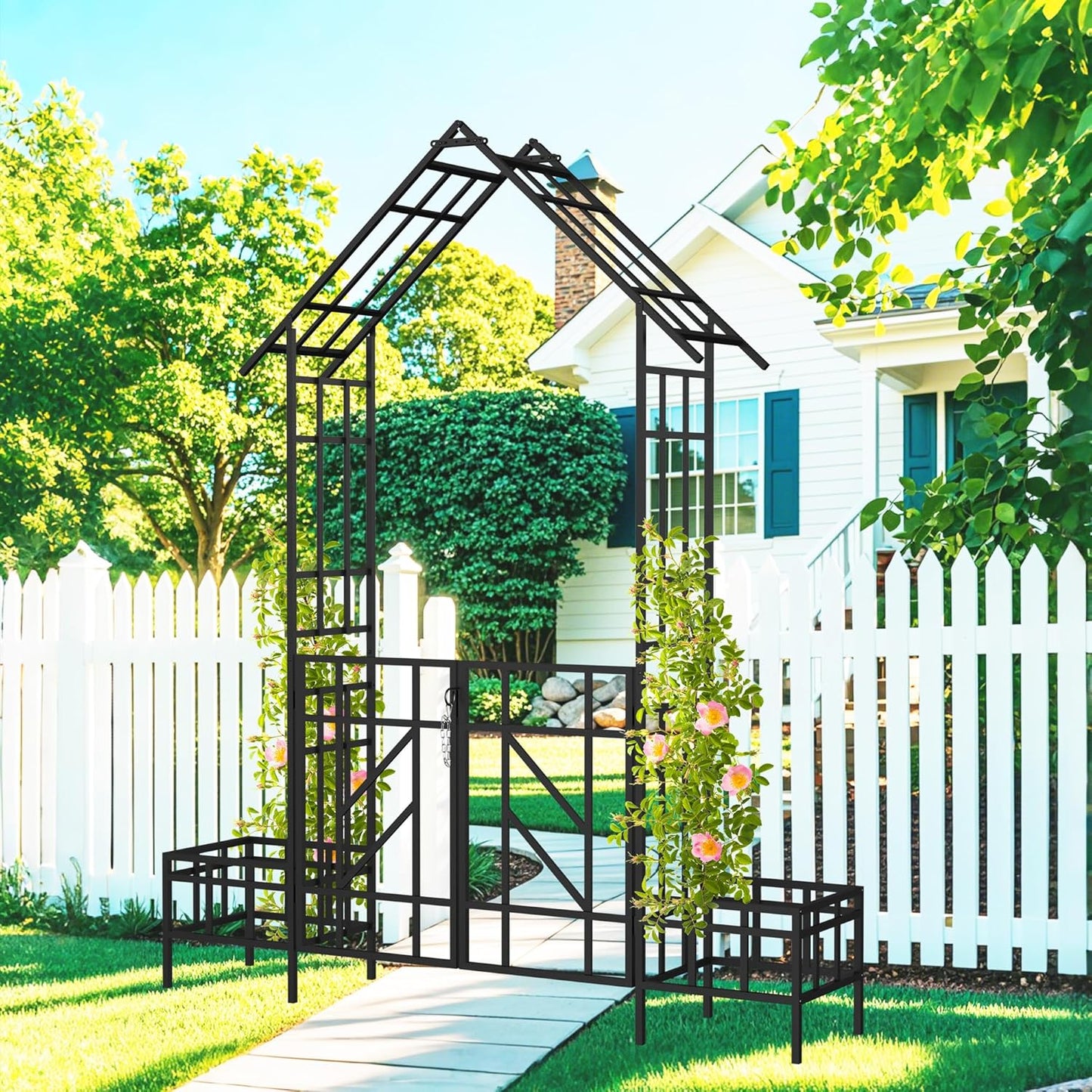 Metal Garden Arch with Gate and Planter 97.24" H Garden Arbor Trellis Climbing Plants Support Rose Arch Outdoor Lawn Wedding Party Events Archway, Black