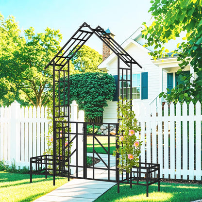 Metal Garden Arch with Gate and Planter 97.24" H Garden Arbor Trellis Climbing Plants Support Rose Arch Outdoor Lawn Wedding Party Events Archway, Black