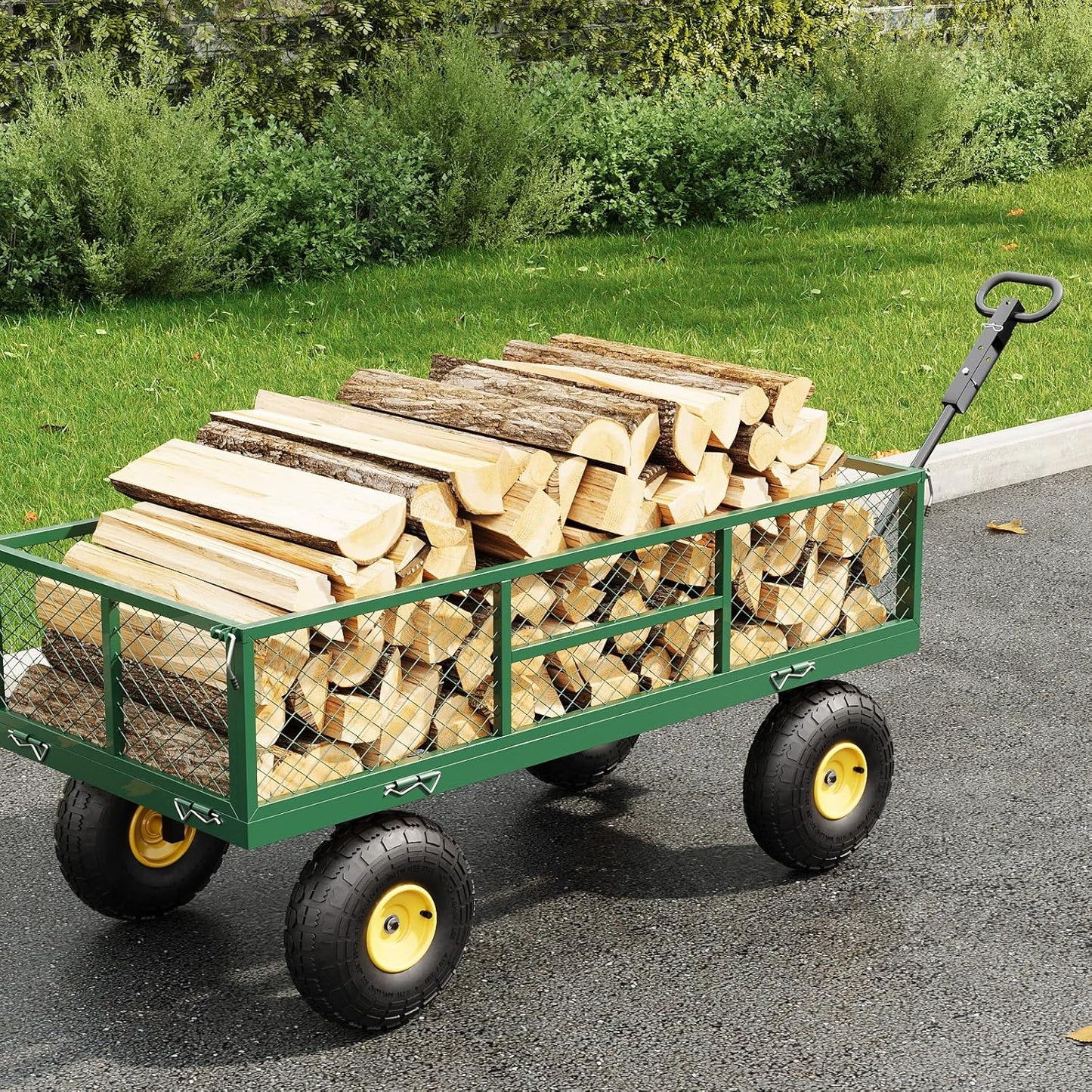 900 LBS Garden Cart on Wheels with Adjustable Handles, Heavy Duty Steel Garden Wagon with Removable Mesh Sides to Convert into Flatbed, Wagon Cart for Lawn Farm Yard, Green