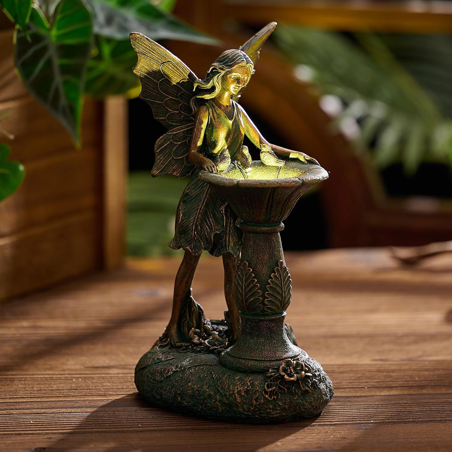 TERESA'S COLLECTIONS Fairy Garden Statues with Solar Outdoor Light for Outdoor Decor, Bronze Fairy Resin Garden Sculptures & Statues Decor, Yard Art for Lawn Housewarming Gifts for Mom 9.4"