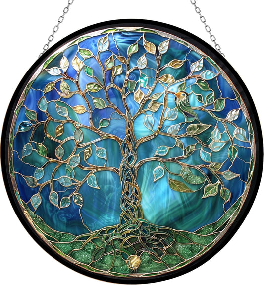 Tree of Life Suncatcher Stained Glass Window Hangings Sun Catchers Colorful Ornament Gifts for Women Mom Wife Halloween Christmas Housewarming