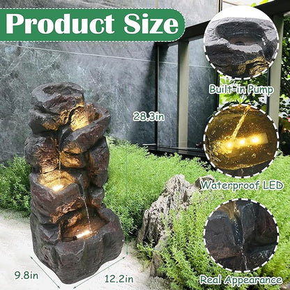 4-Tiers Cascading Rock Outdoor Water Fountain with LED Light, Standing Cascading Water Feature Faux Stacked Stones Waterfalls Decor for Garden Patio Yard and Lawn (Deep Grey)