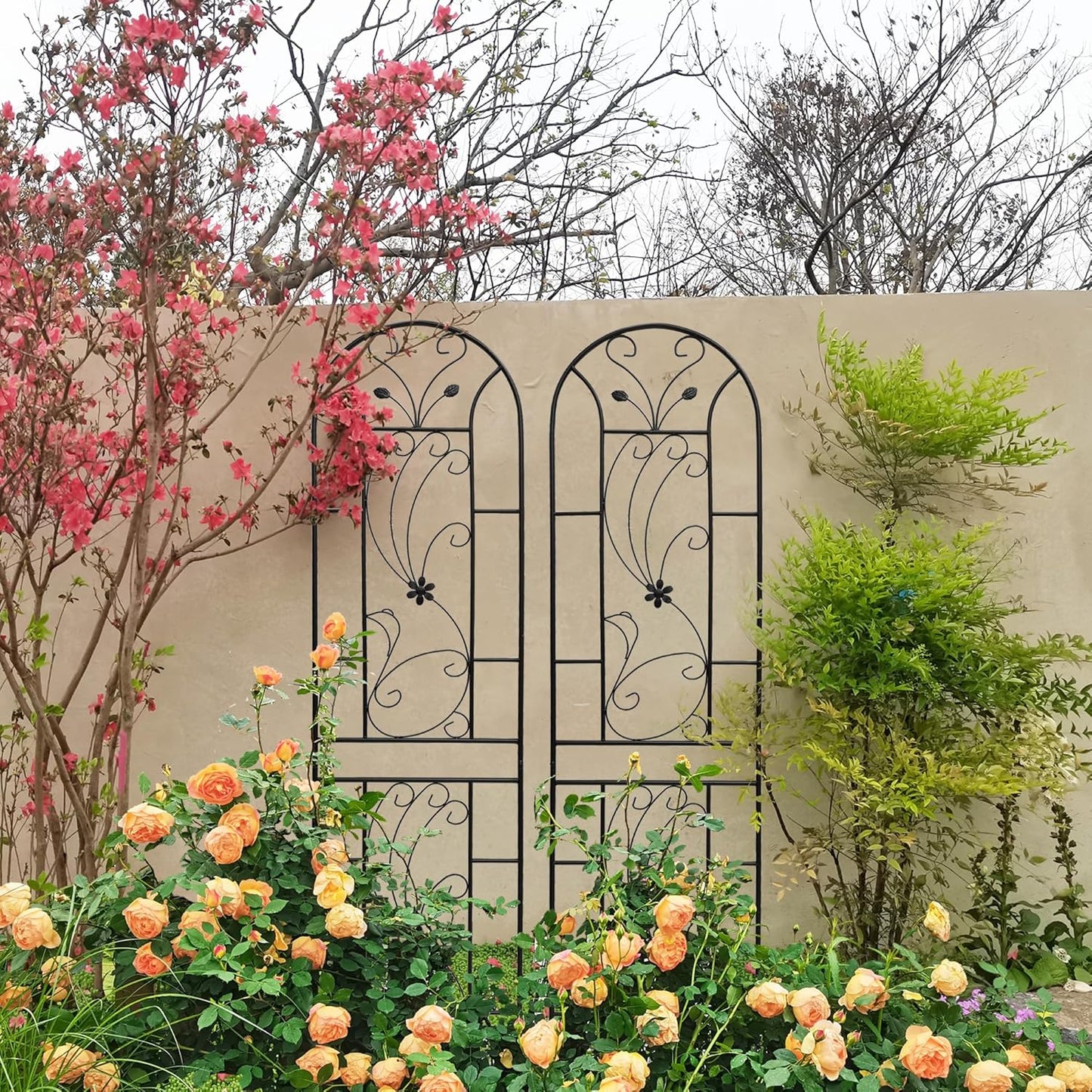 Metal Garden Trellis Rustproof Trellis for Climbing Plants Outdoor Flower Support Peacock Style (Black-2 Pack, 86.7"x19.7")
