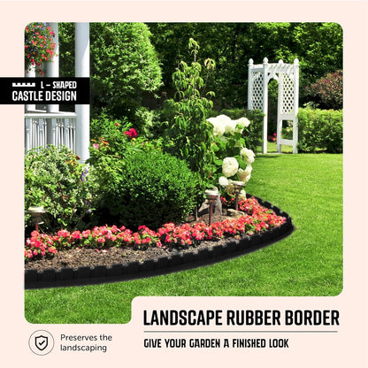 Playsafer L-Shaped Flexible Rubber Castle Edger for Lawns Landscaping and Playground | Easy No Dig Installation (4 Pack, Black)