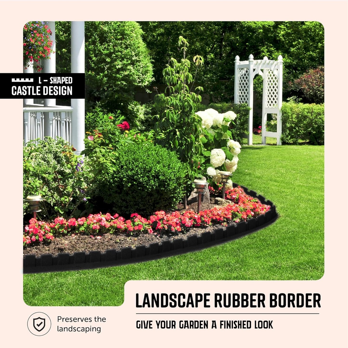Playsafer L-Shaped Flexible Rubber Castle Edger for Lawns Landscaping and Playground | Easy No Dig Installation (6 Pack, Black)