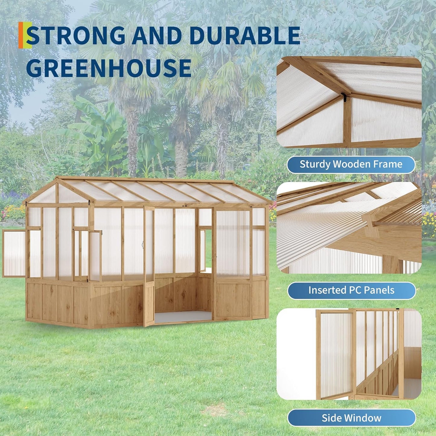 10x12 ft Wooden Greenhouse for Outdoor - Heavy Duty Walk-in Green House Kit with 6 mm Polycarbonate,Ventilated Window & Lockable Door for Backyard,Patio,Lawn
