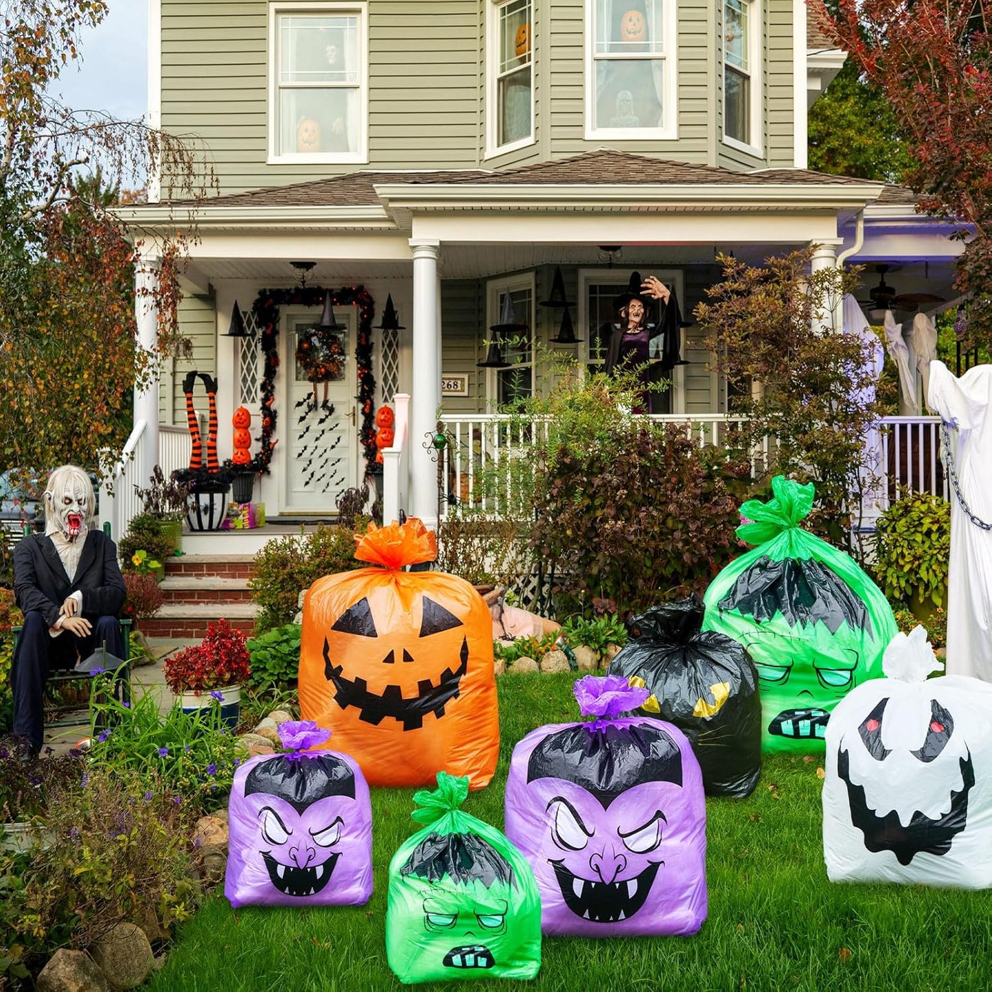 Qilery 18 Pcs Halloween Leaf Lawn Bags Plastic Pumpkin Trash Bags for Leaves with Twist Ties for Halloween Yard Garden Outdoor Party Favors Decorations