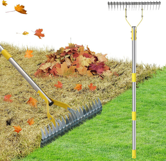 2 in 1 Rake: Stainless Steel Garden Rake for Leaves,Thatch,55” Heavy Duty 19 Tines Lawn Manual Dethatcher with Adjustable Head,Thatching Rakes for Lawn Yard Grass, Debris Removal, Soil Loosening