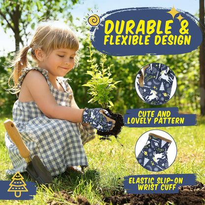 HANDLANDY 2 Pairs Kids Genuine Leather Gardening Gloves for ages 3-11, Children Toddler Work Outdoor Playing Gloves for Boys Girls Gift (Medium (for age 5-7), Blue)