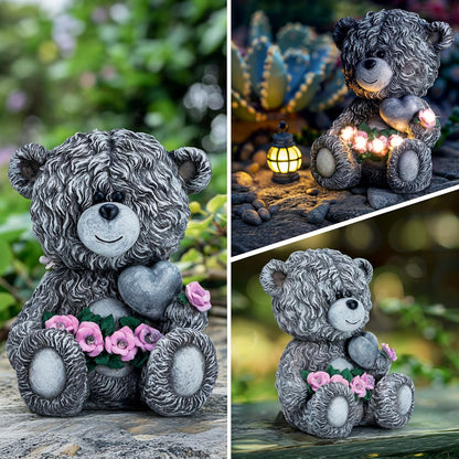 Solar Garden Outdoor Statues Bear with Heart and Pink Flower and 5 LED Lights-Lawn Decor Bear Statue for Patio, Balcony, Yard Ornament-Unique Mother's Day and Housewarming Gifts for Mom, Women