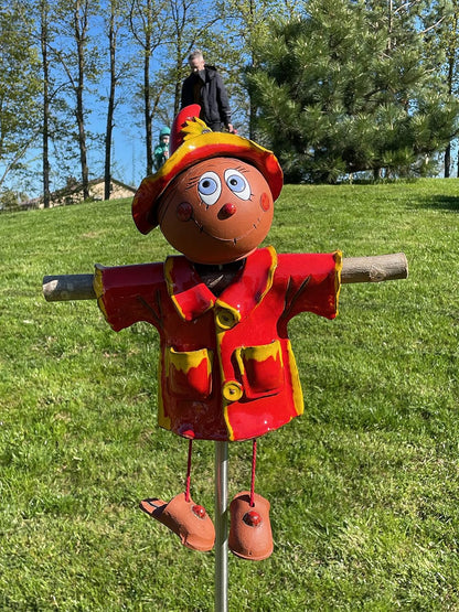 Ceramic Garden Decor - Scarecrow Lawn stake, red - Outdoor statue - Perfect, unique gifts for gardeners woman, men, yard gifts - Handmade, Frostproof