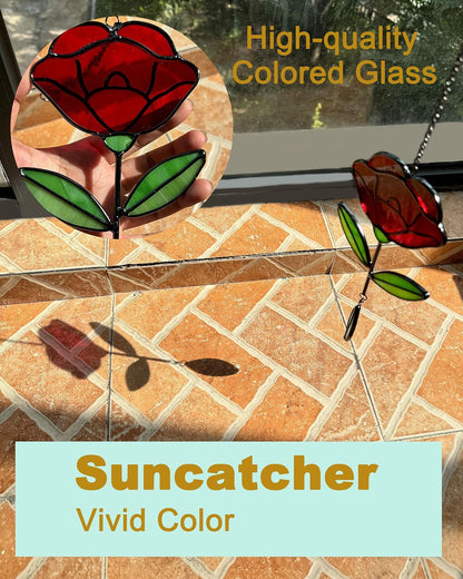 Stained Glass Window Hangings, Handcrafted Garden Suncatchers for Window and Home Decor Decor, Unique Artisan Glass Ornaments for Indoor and Outdoor Use, Red Flower