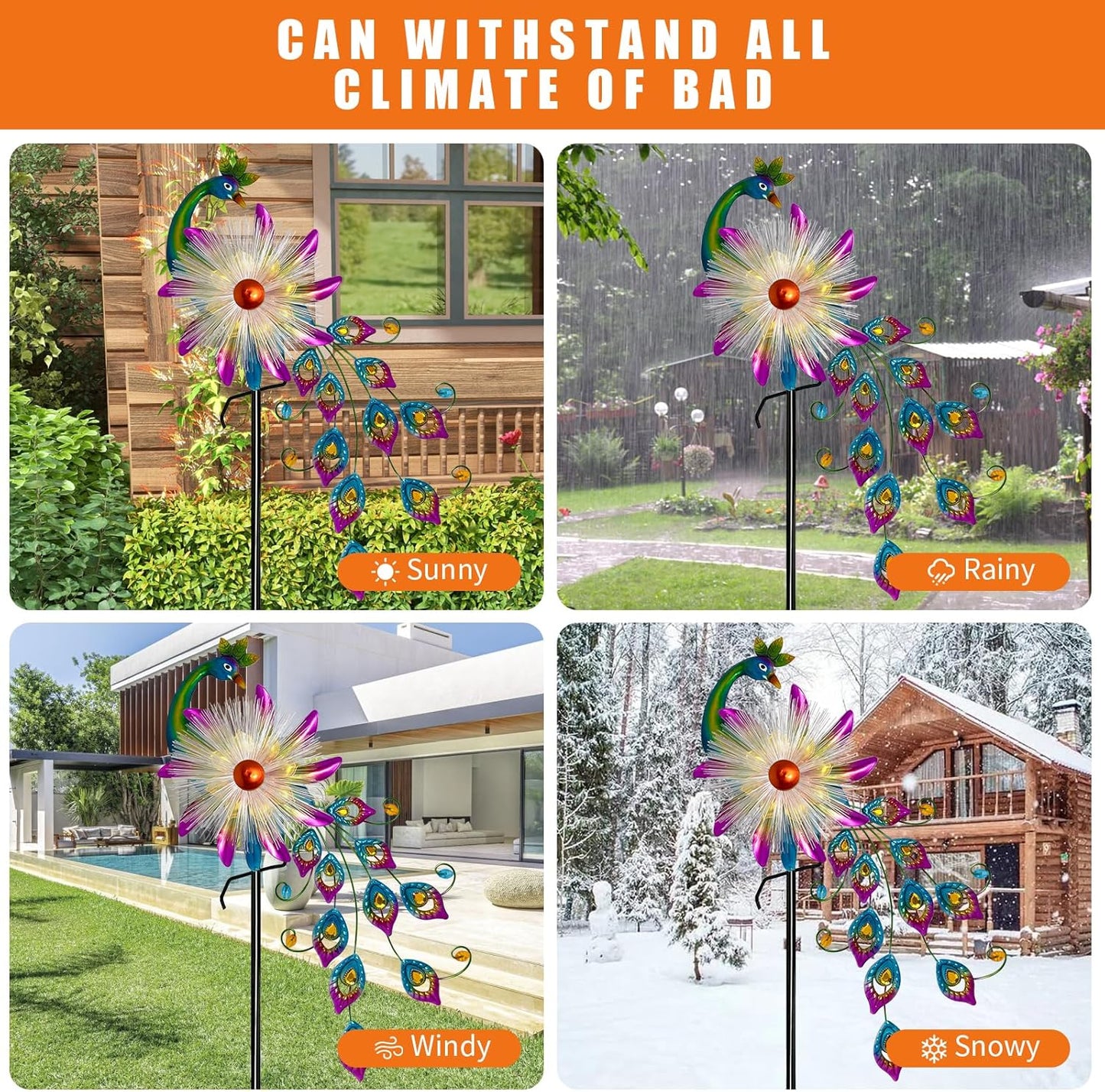 Solar 51" Peacock Wind Spinners for Yard and Garden, Metal Clearance Windmill Kinetic Wind Spinner Outdoor Decor, Wind Sculpture Yard Art Decorations for Patio, Lawn & Garden