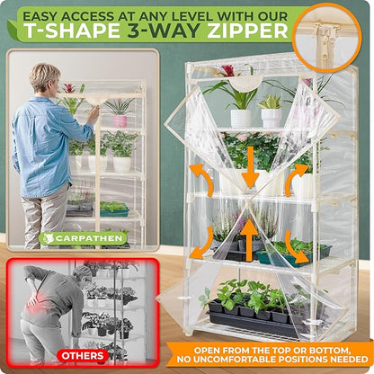 Carpathen Indoor Greenhouse with Grow Lights - 4 Tiers 27.2"L x 19.3"W x 54"H with 1 Dimmable 15W Full Spectrum LED Light Strip and 1 Gooseneck Plant Lamp Clip-on - Mini Greenhouse with Zip PVC Cover