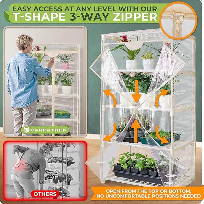 Carpathen Indoor Greenhouse with Grow Lights - 4 Tiers 27.2"L x 19.3"W x 54"H with 2 Dimmable 15W Full Spectrum LED Light Strips and Spectrum Control and Heat Mat - Mini Greenhouse with Zip PVC Cover
