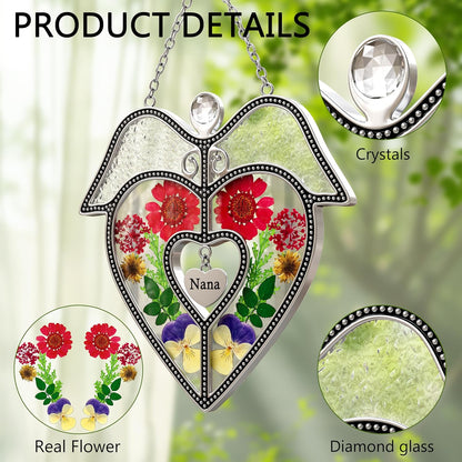 KY&BOSAM Angel Heart Suncatcher Nana Gifts Stained Glass Window Hangings Wind Chiem Ornament with Pressed Real Flowers Engraved and Metal Heart Charm Birthday Gifts for Women Mother’s Day Christmas