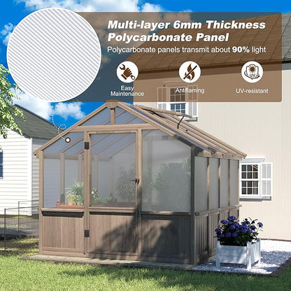 BlueWish 8x8 FT Greenhouses for Outdoors, Cedar Green House with 6MM Polycarbonate Panel, Greenhouse Kit with Adjustable Vent & Lockable Door, Walk-in Greenhouse for Outside, Garden, Backyard