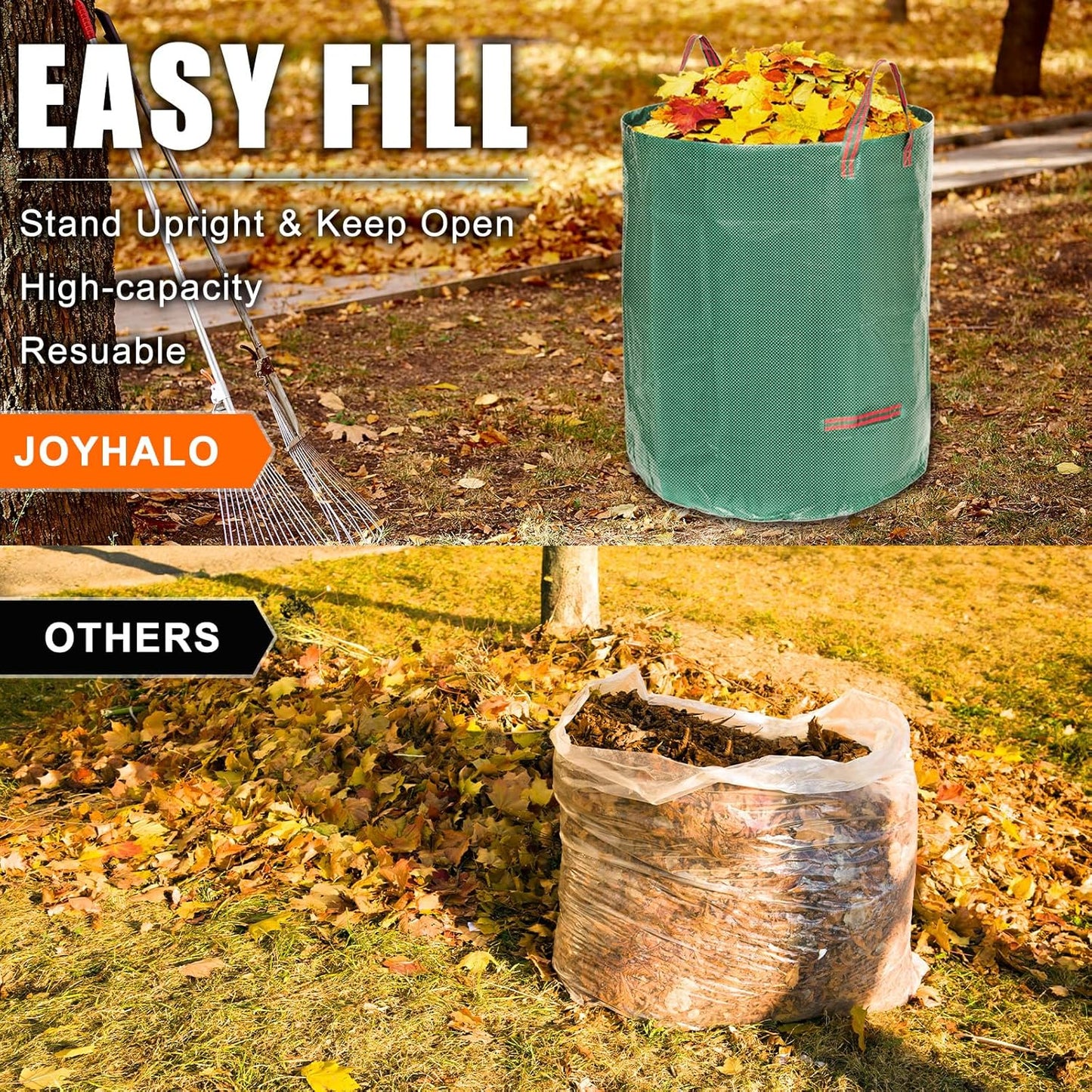 Joyhalo Reusable Yard Waste Bags, 72 Gallon Lawn And Leaf Bags 3 Pack, Heavy Duty Garden Bags With Gardening Gloves, Standable Garden Waste Bag With 4 Handles, Camping Yard Recycling Bag For Leaves