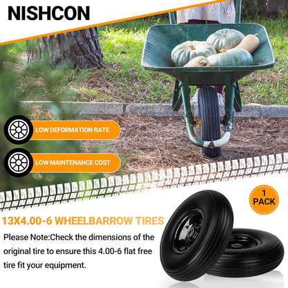 Upgrade 13Inch Wheelbarrow Tires 4.00-6 Flat Free Tire And Wheel with 5/8" & 3/4" Bearings, 1.77"-5.75" Center Hub for Wheelbarrows Garden Wagon Cart Wheel Replacement by NISHCON, 1Pack