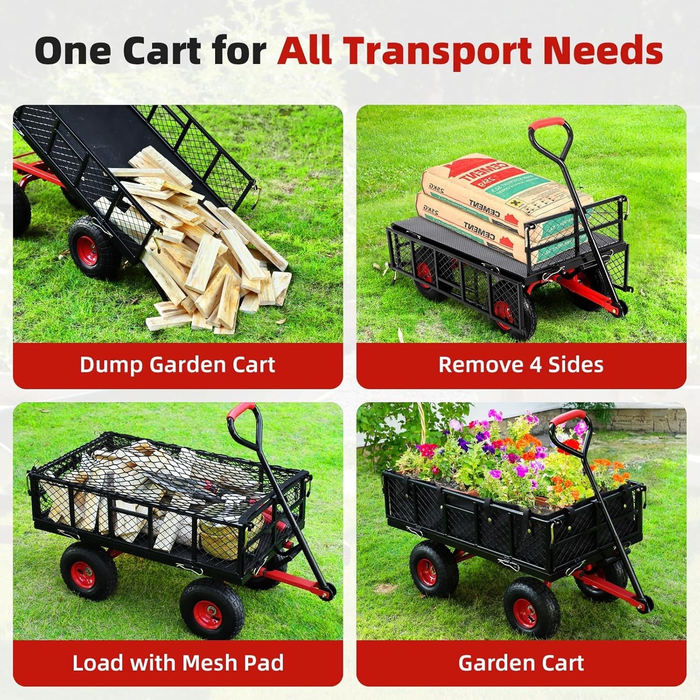880 Lbs Heavy Duty Utility Garden Carts and Wagons with 180° Rotating Handle and Removable Sides, Steel Yard Dump Wagon Carts with 10" All Terrain Tires