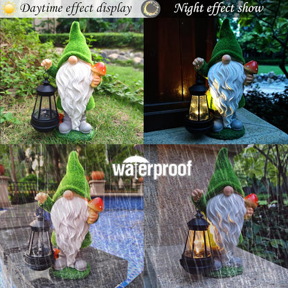 Gnomes Solar Garden Statues,Resin Gnome Figurine Decorations Holding Mushroom and Solar Lights Lantern, Outdoor Figurines Lawn Garden Statue Decor Art for Lawn,Yard, Balcony Ornament.