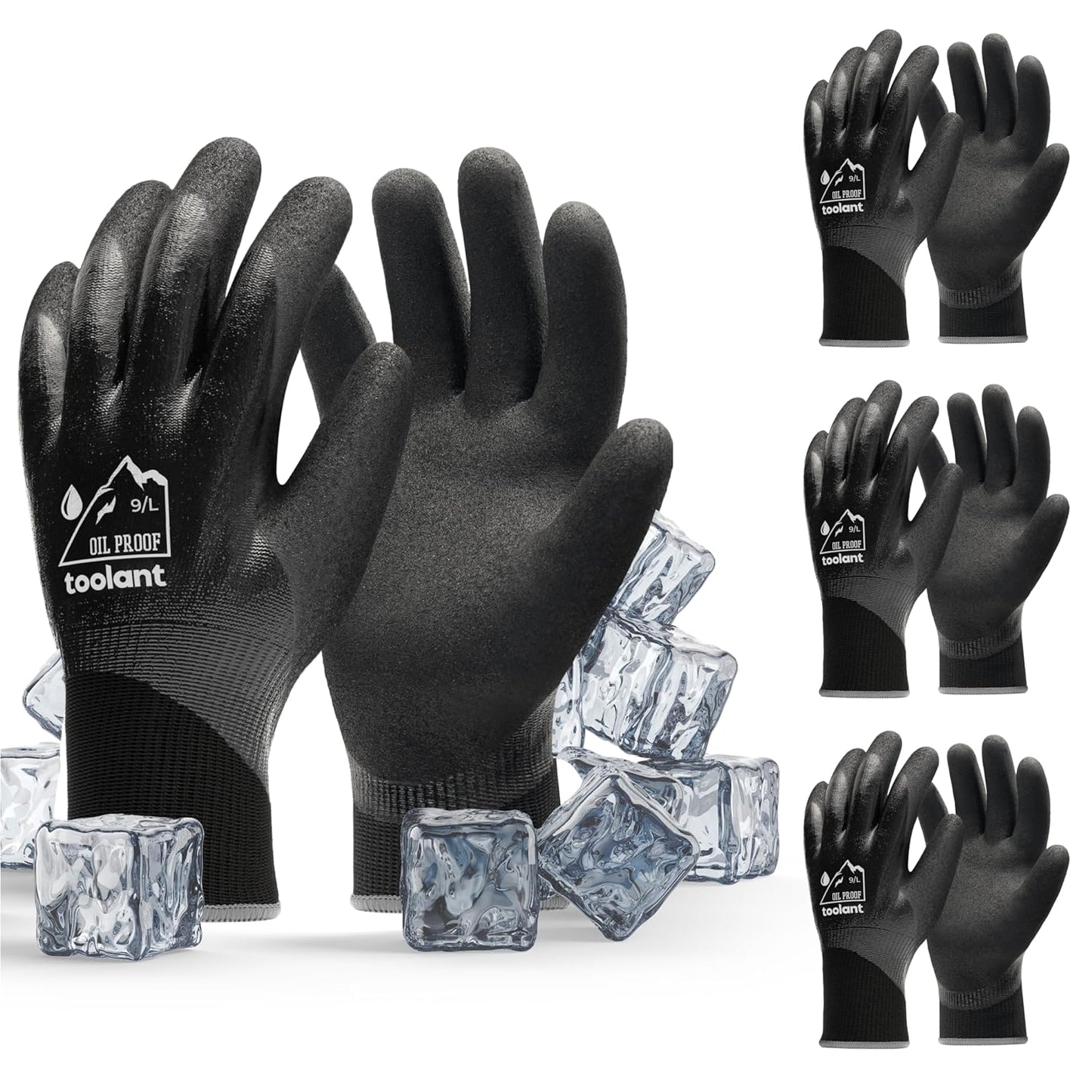 Waterproof Gloves Bulk Pack for Men and Women, 3 Pairs, Freezer Gloves with Grip, Double Nitrile Dipped for Extreme Oil Repellent, for Construction, Mechanics, Mining, Plumbing, Black, Large