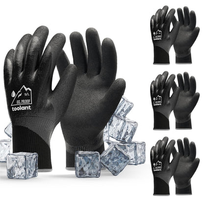 Waterproof Gloves Bulk Pack for Men and Women, 3 Pairs, Freezer Gloves with Grip, Double Nitrile Dipped for Extreme Oil Repellent, for Construction, Mechanics, Mining, Plumbing, Black, Large