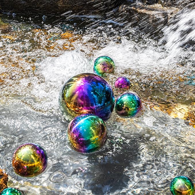 yarlung Set of 10 Stainless Steel Rainbow Gazing Balls, 50-150 mm Garden Mirror Globe Floating Pond Sphere, Polished Hollow Ball Reflective Ornament for Home Yard Outdoor Lawn Decoration